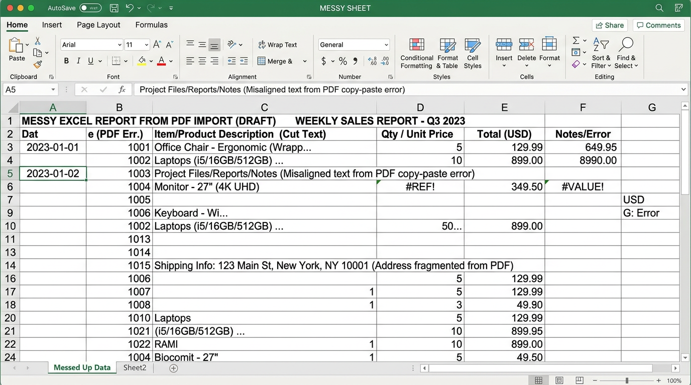 Excel sheet after copy-pasting from PDF: merged cells, misaligned columns, numbers as text