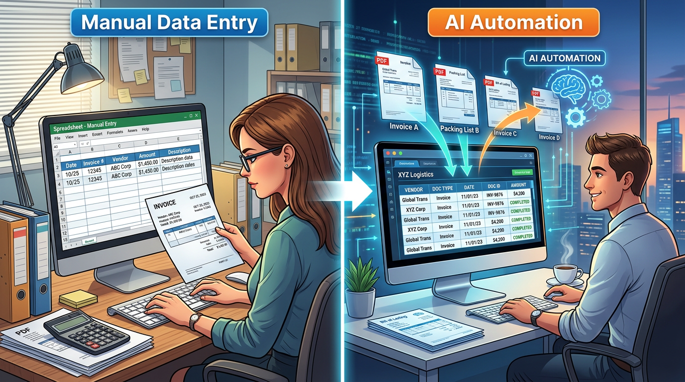 Comparison of manual logistics data entry vs AI document automation